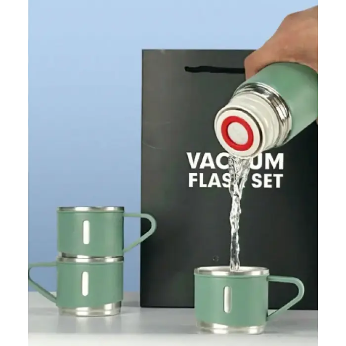 Подарунковий набір Vacuum Flask SET вакуумний термос із неіржавкої сталі 3 чашки Матово Зелений - фото 2
