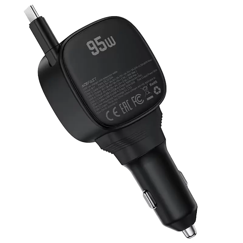 АЗП Acefast B17 PD30W+QC3.0 total 95W 1USB-A/1C with retractable cable Type-C Black - фото 3