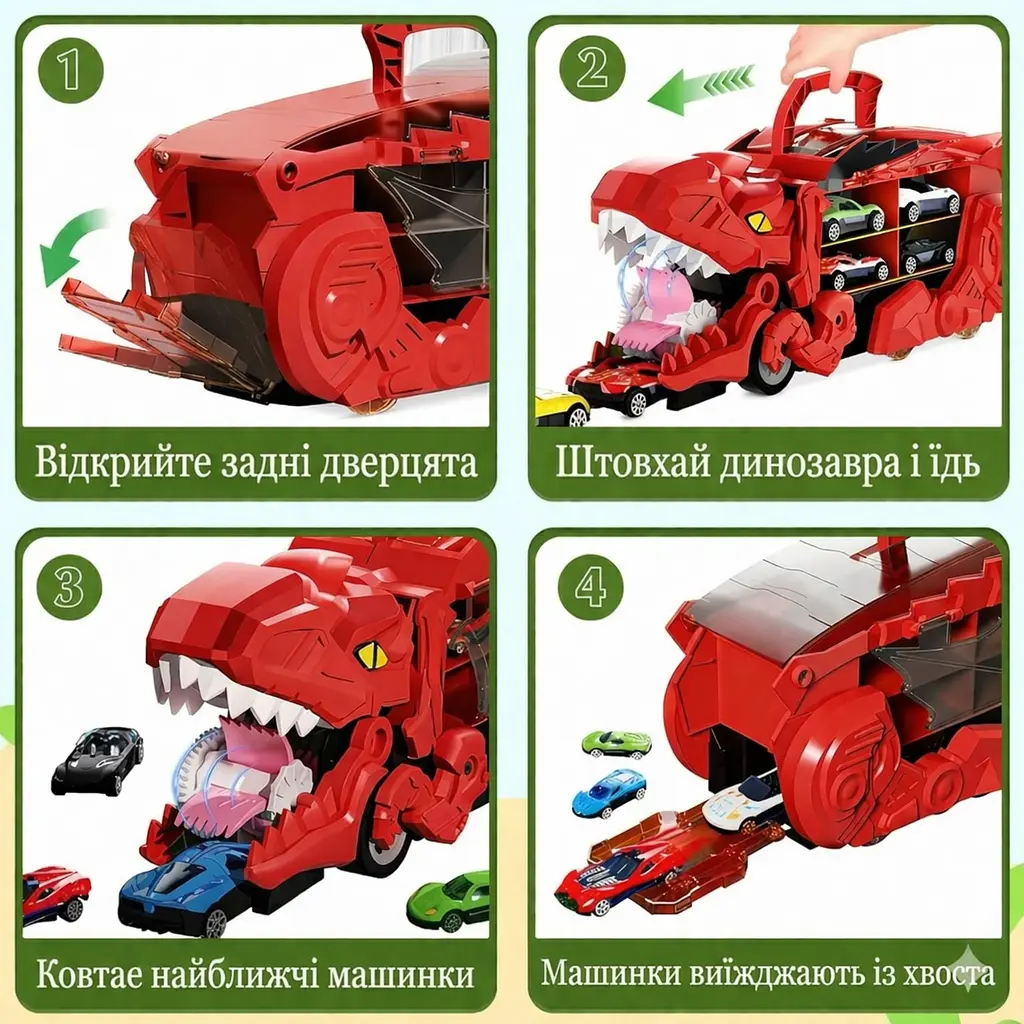 Автовоз трейлер динозавр трансформер Dino T-Rex 3в1 8 машинок червоний - фото 5