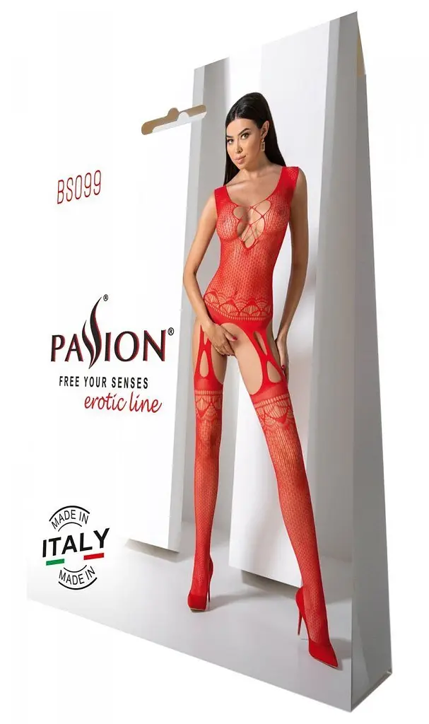 Бодістокінг з плетінням на грудях Passion BS099 One Size, red, відкритий доступ, імітація підв’язок - фото 6