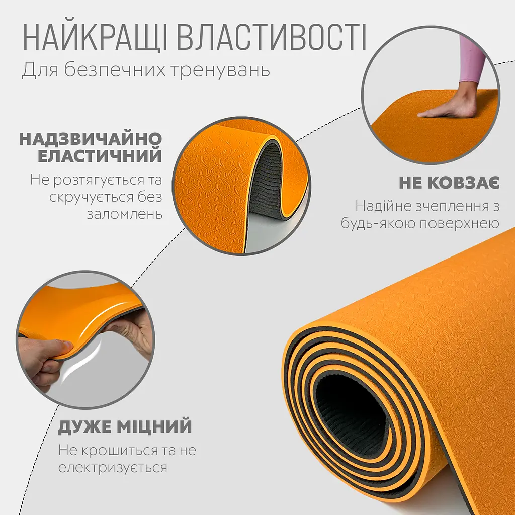 Килимок для йоги та фітнесу EasyFit TPE+TC 6мм двошаровий помаранчевий-чорний (EF-1924-ORB) - фото 7