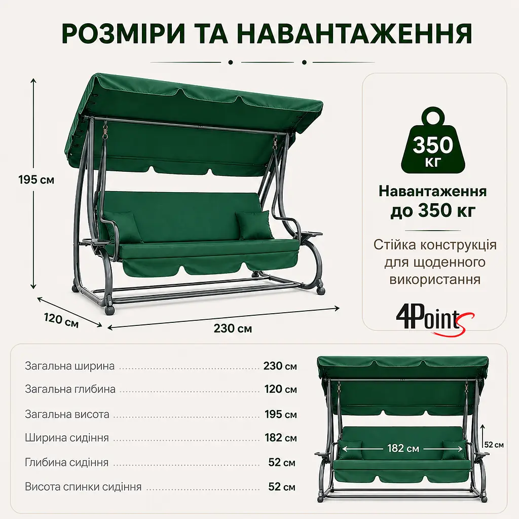 Садова гойдалка 230см до 350кг 4P Garden Comfort чотиримісна, розкладна, з подушками та підстаканниками - фото 7
