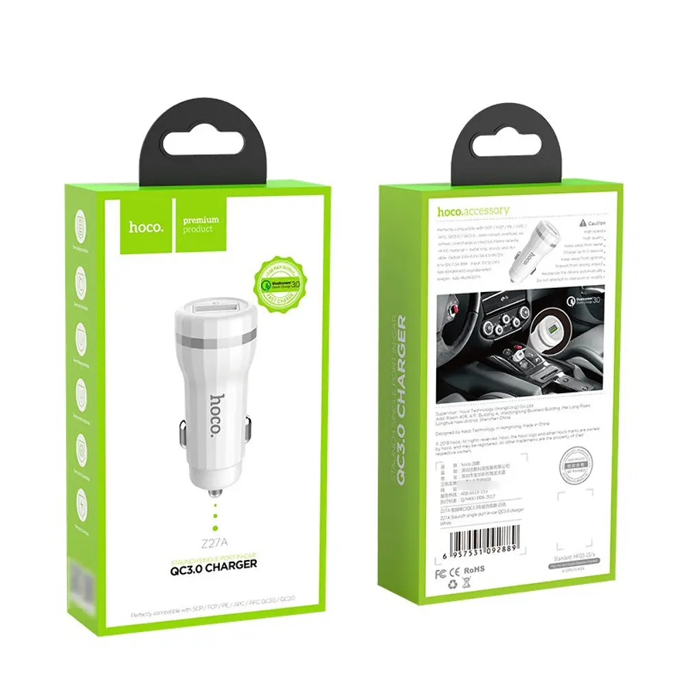 Автомобільний зарядний пристрій Hoco Z27A USB QC 18W білий - фото 8