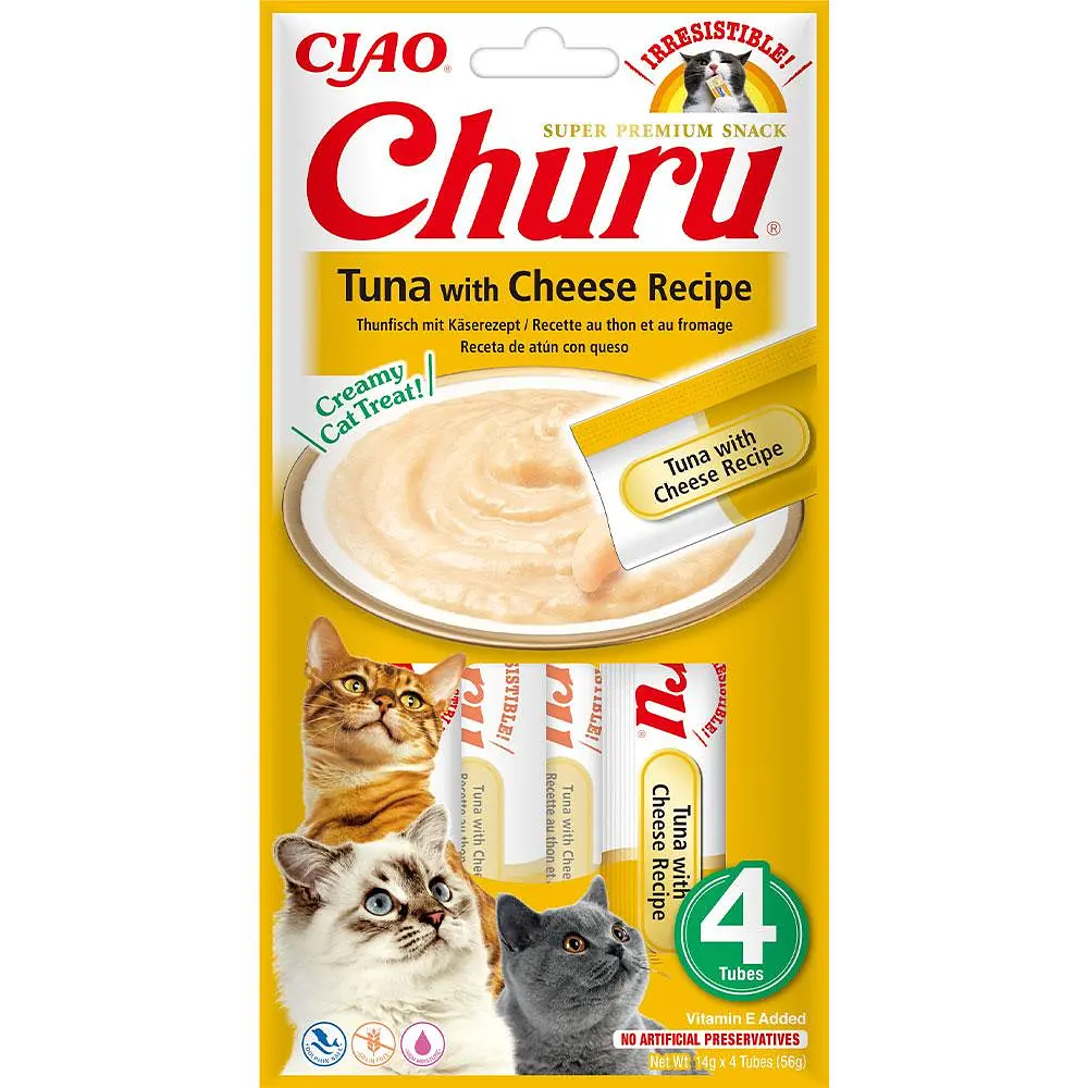 Ласощі для котів INABA Churu, вершковий мус у стіках з тунцем та сиром, 4×14 г