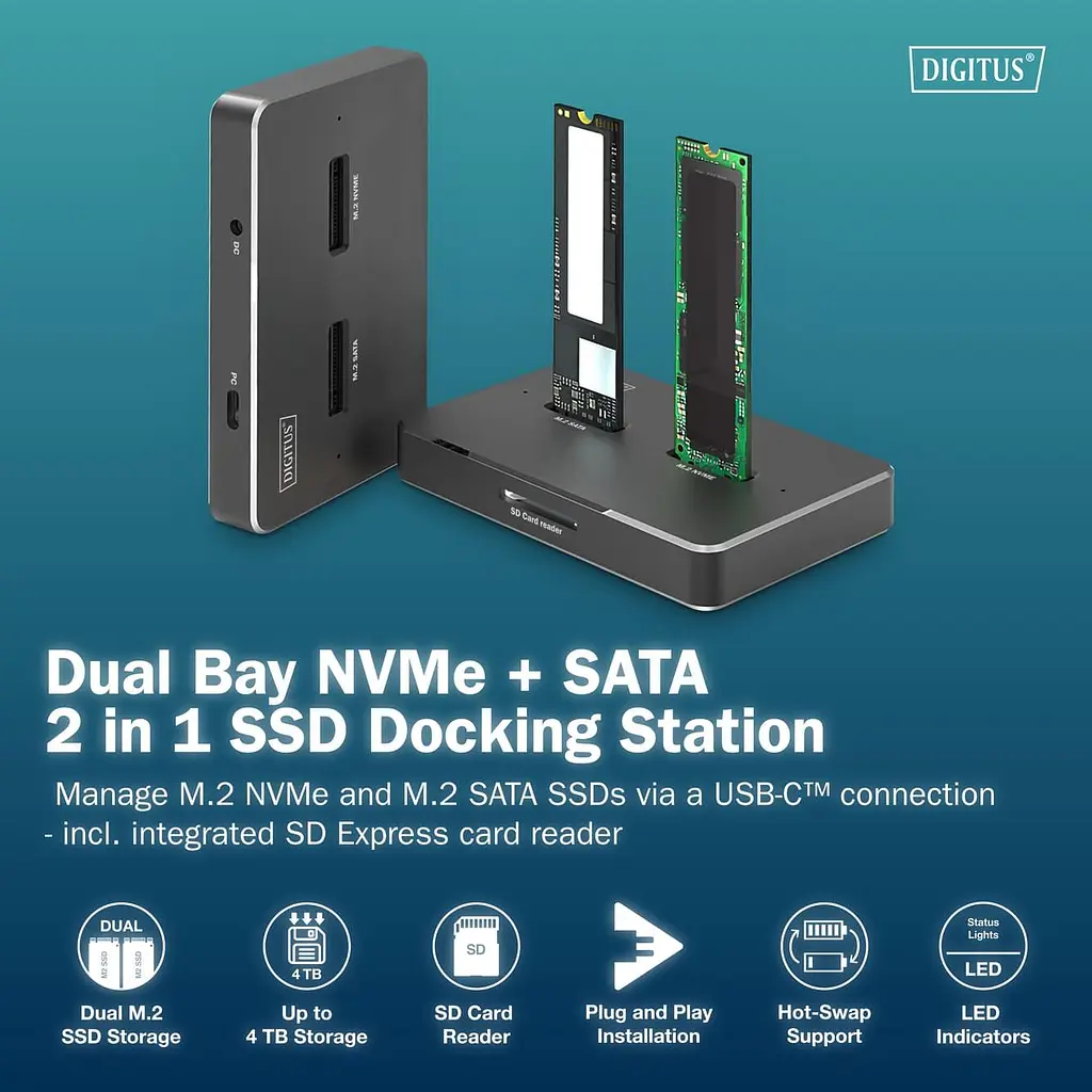 Док-станція DIGITUS USB-C 2xSATA SSD/SD - фото 10
