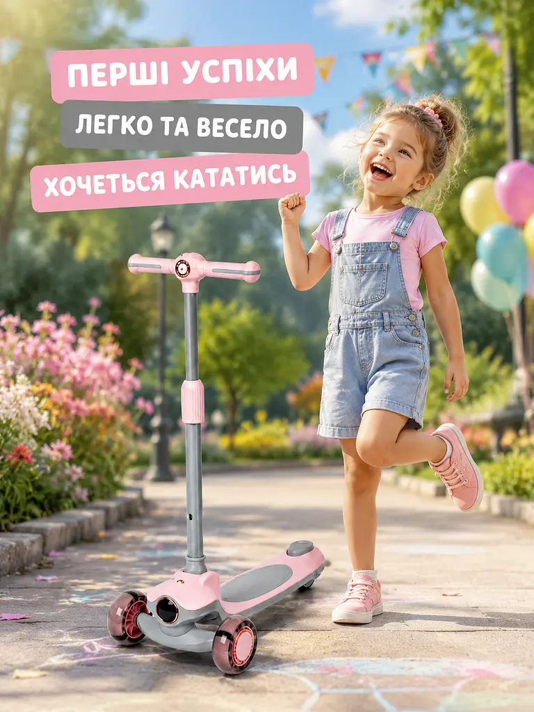 Дитячий самокат триколісний рожевий з підсвічуванням коліс музикою та регульованим кермом (49675963) - фото 9