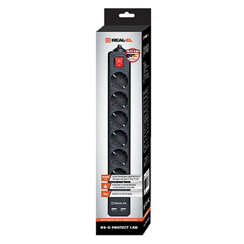 Фільтр живлення Real-el RS-6 Protect USB 5м Black - фото 2