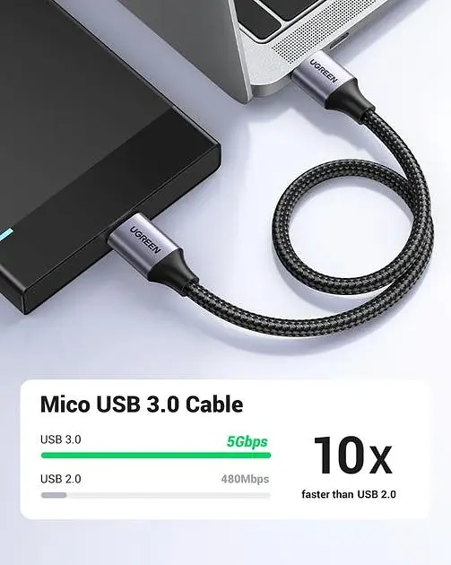 Кабель Ugreen 1м USB 3.0 - Micro USB Type-B 5 Гбіт/с 5V/3A USB 3.0 A на Micro-B для жорских дисків чорний (80793) - фото 4