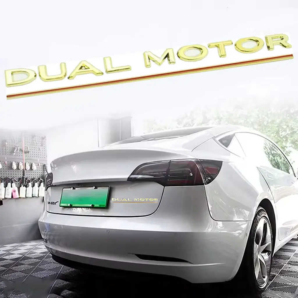 Емблема напис DUAL MOTOR для Tesla Золота краю-золоті Пластик на скотчі (Завод) - фото 2