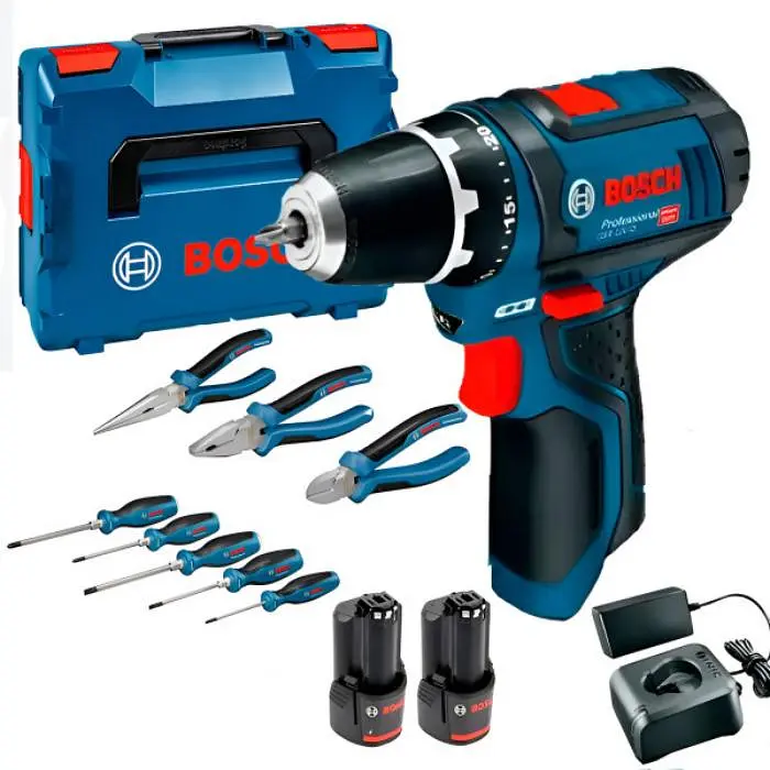 Акумуляторний дриль-шуруповерт Bosch GSR 12V-15 Professional з 2 акб, з/п, набір інструментів в кейсі