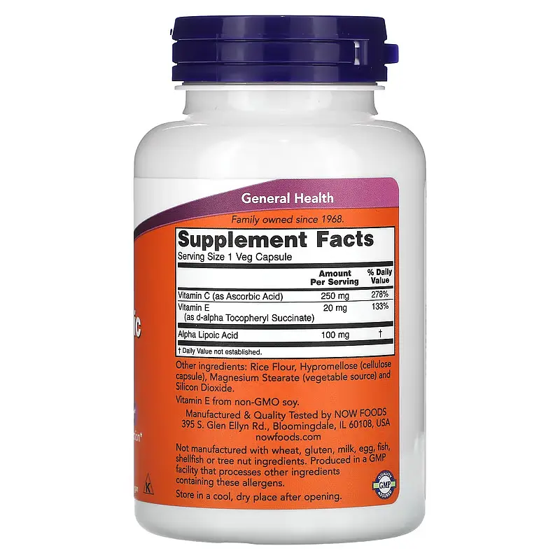 NOW Альфа-Ліпоєва Кислота з Вітамінами С та Е 100 мг - 120 вег. капсул - фото 2