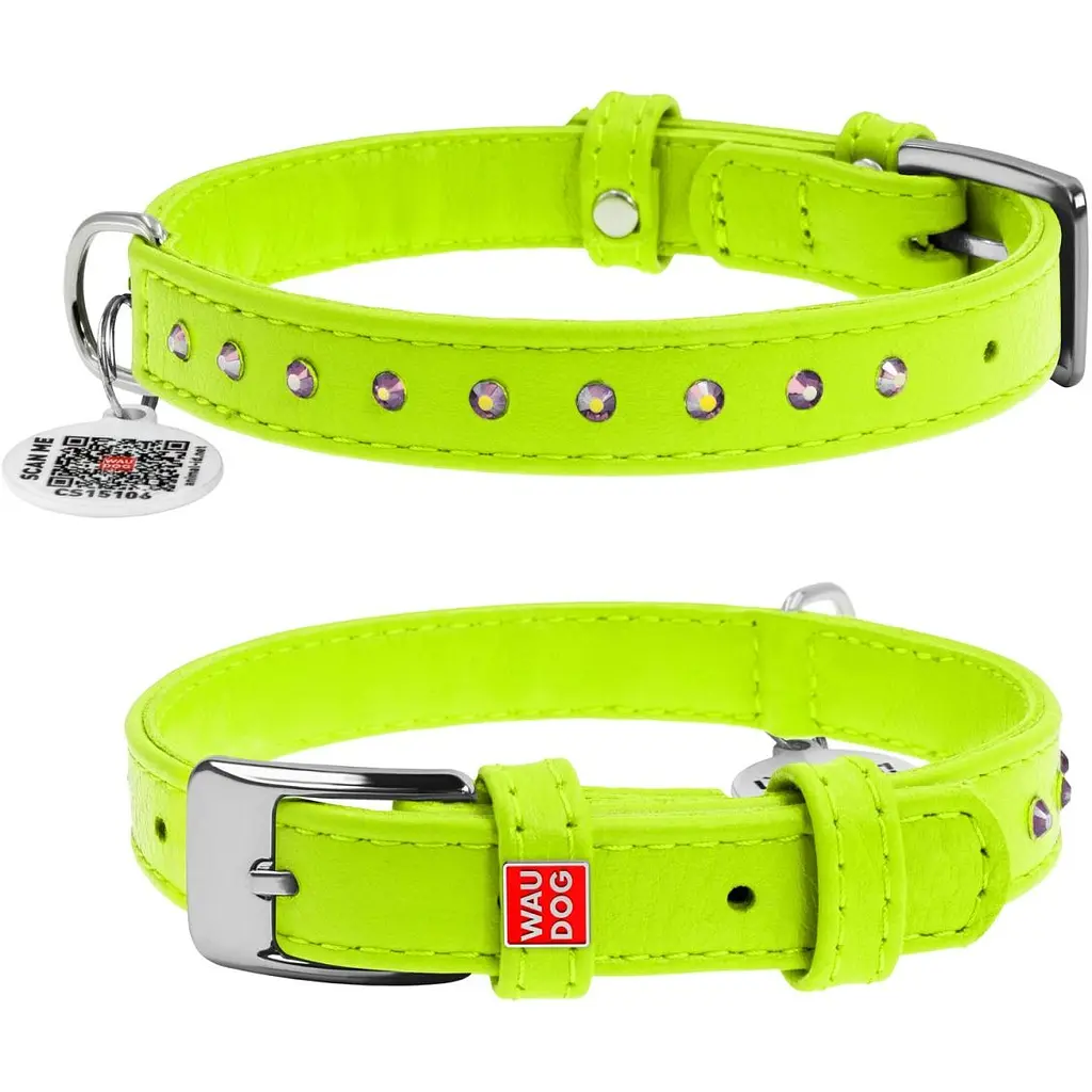 Нашийник для собак Waudog Glamour, шкіряний, зі стразами, з QR паспортом, S, 21-29х1,2 см, салатовий - фото 3