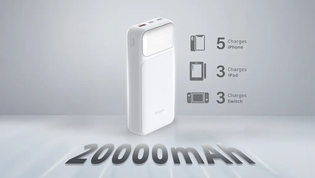 Акумулятор портативний літій-іонний D-Link Power Bank 20000мА*рік, 65Вт PD 3.0, QC 3.0, 2xUSB-C, 1xUSB-A з дисплеєм, білий - фото 3