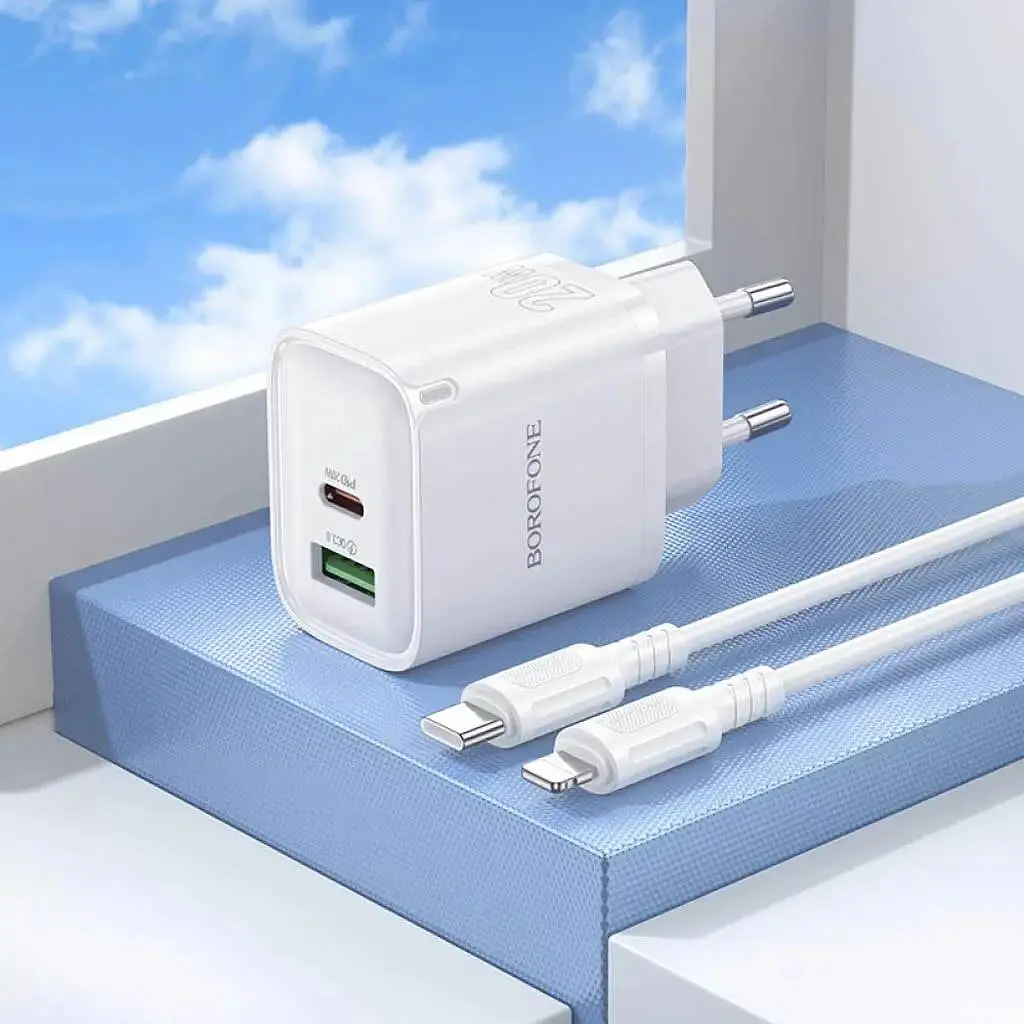 Зарядний комплект Borofone BA83A Dual port fast charger set 1USB-C/1USB PD/QC 20W Type-C to Lightning White (36175_3606867) - фото 4