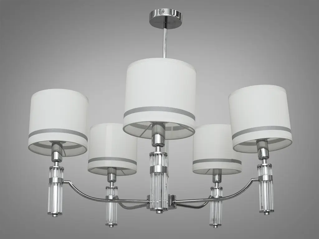 Современная люстра с тканевыми абажурами на 5 рожков, цвет-хром. - фото 2