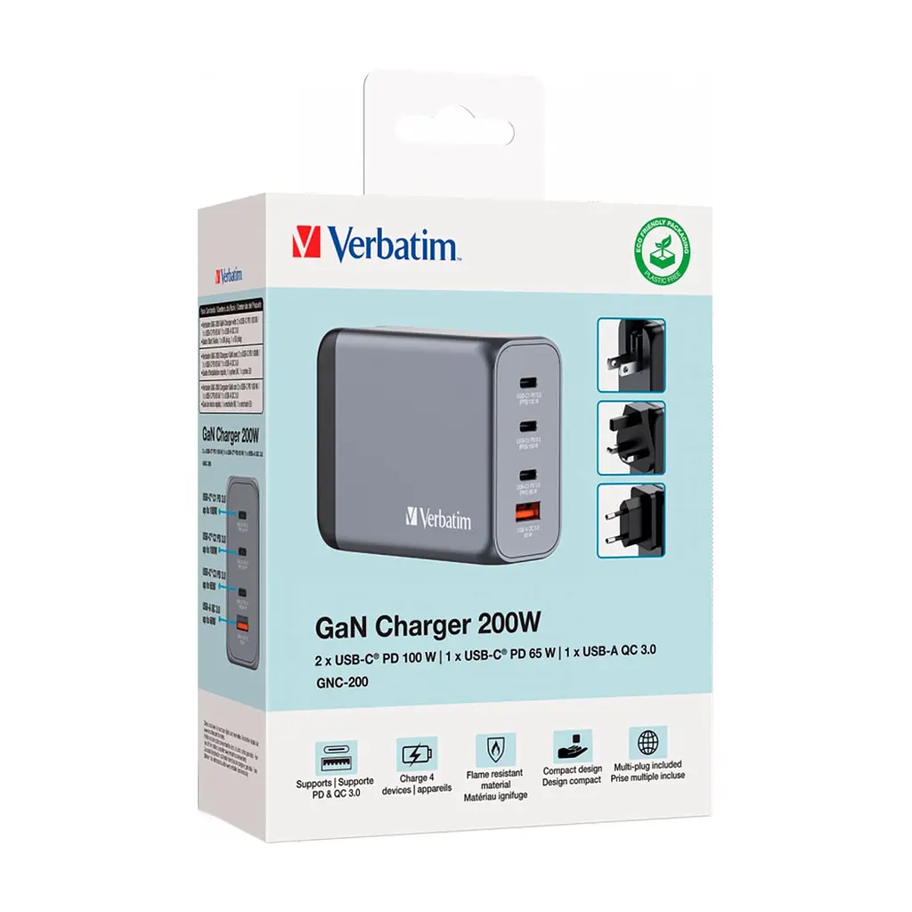 Зарядний пристрій Verbatim GaN 200 W 4 ports (2xUSB-C-100 W,USB-C-65 W /USB-A -3.0) (32204) - фото 7