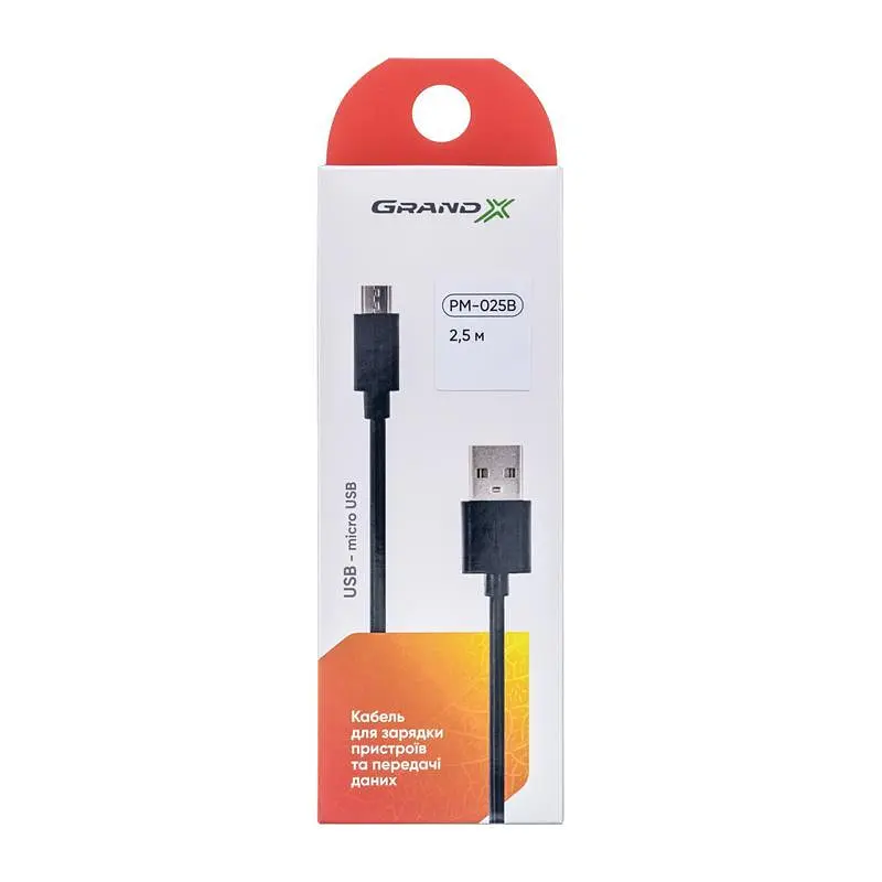 Кабель Grand-X USB - micro USB (M/M), Cu, 2.5 м, Чорний (PM025B) - фото 3