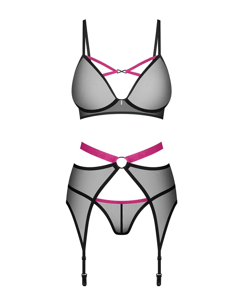 Комплект Obsessive Novenes 3-pcs set, XL/2XL, прозорий ліф на кісточках, стрінги, пояс - фото 4