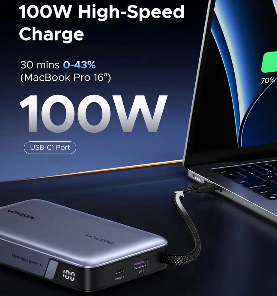 УМБ Ugreen 20000mAh 145W PD3.1.QC, USB-A,USB-С IN/OUT, with built in USB-C cable (PB551) Gray - фото 5