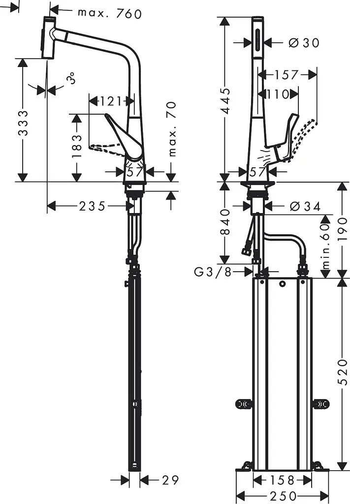 Змішувач Hansgrohe Metris Select 320 2jet кухонний з витяжним виливом Sbox 73816800 Stainless Steel Нержавіюча сталь - фото 3