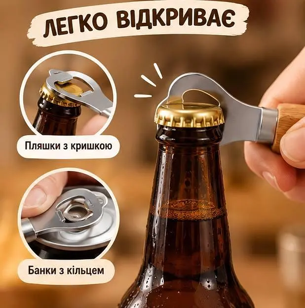 Відкривачка 3 в 1 з дерев'яною ручкою - універсальний відкривач для пляшок і банок кухонний аксесуар - фото 3