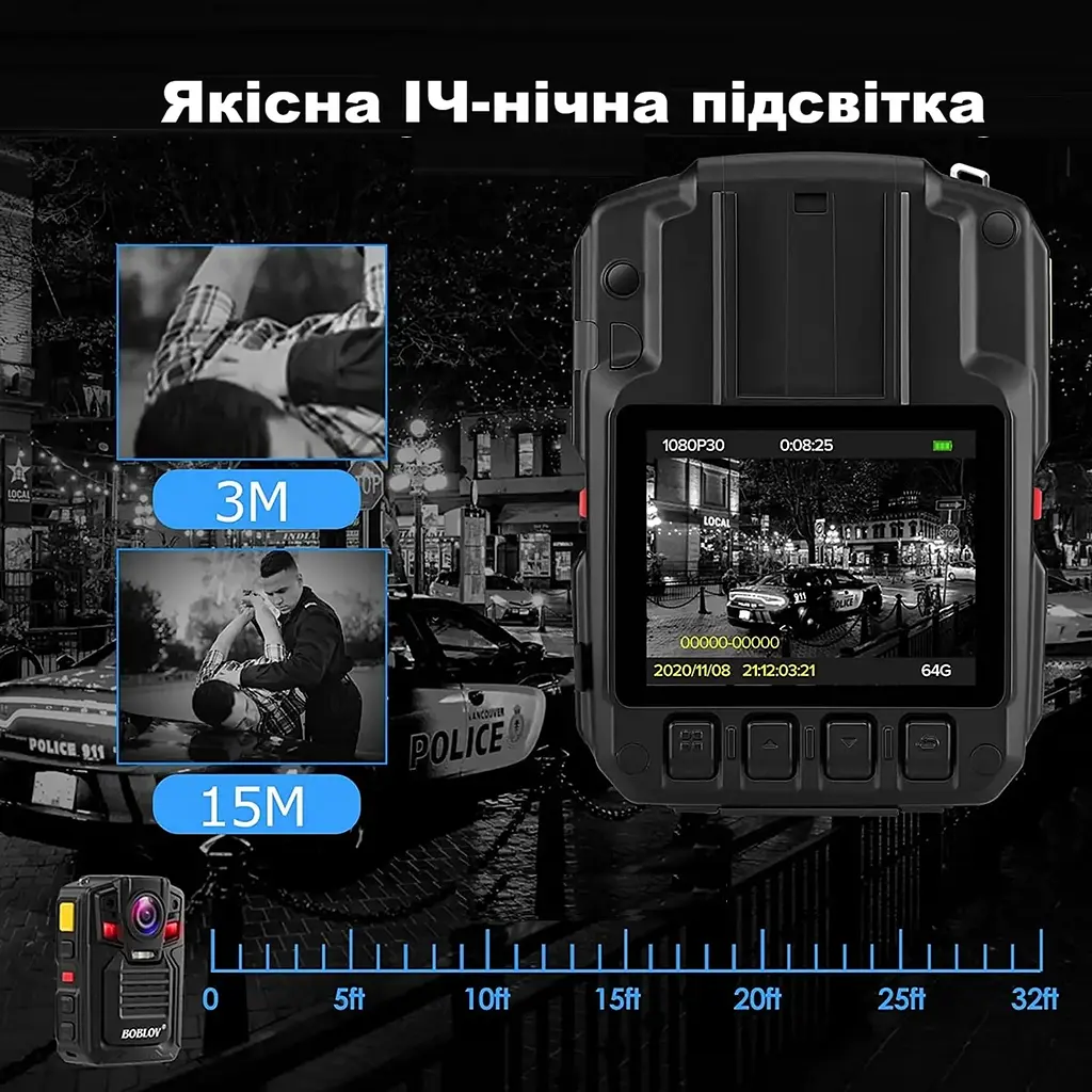 Нагрудна боді-камера Boblov HD66/D7 з дисплеєм 2.0 дюйма нічний запис датчик руху 2акумулятори 1950 мАгод - фото 5