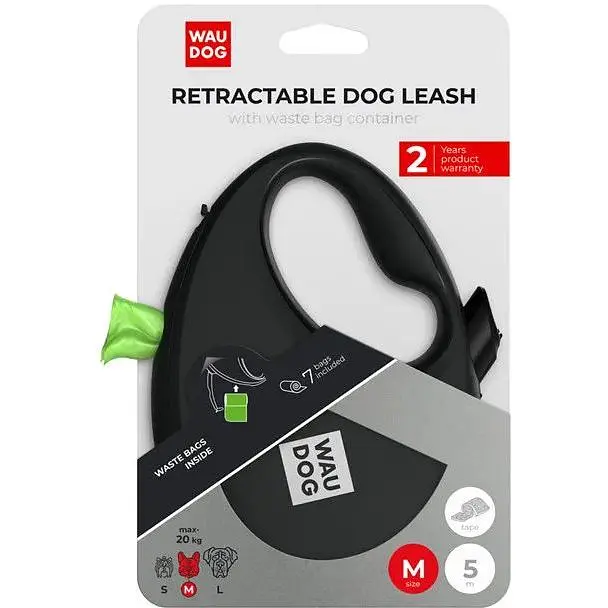 Повідець-рулетка для собак Waudog R-leash з контейнером для пакетів, світловідбивна стрічка, М, до 20 кг, 5 м, чорний - фото 6