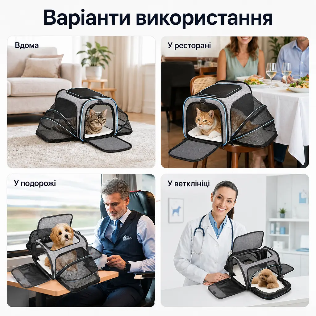 Сумка-переноска BagPet для котів розширювана складна 40×25×25 см, з вентиляційною сіткою та плечовим ременем, до 6 кг - фото 5