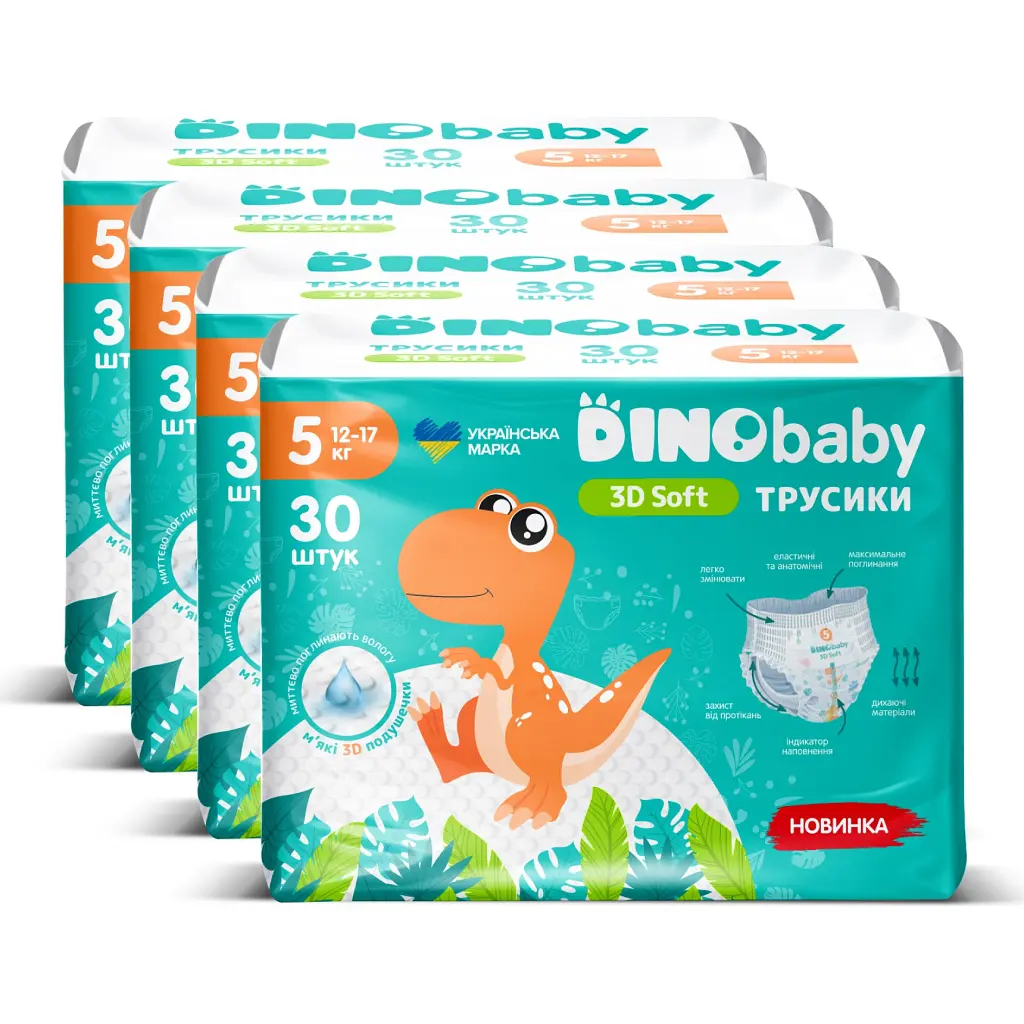 Підгузки Dino Baby 3D Soft 5 розмір (12-17 кг) 120 шт (4 упаковки по 30 шт) (4820204701710) - фото 2