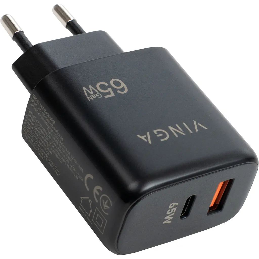 Зарядний пристрій Vinga GaN 65 Вт, PD + QC, настінний, порти: 1xUSB-C + 1xUSB-A (VCPCHCA65B) - фото 3
