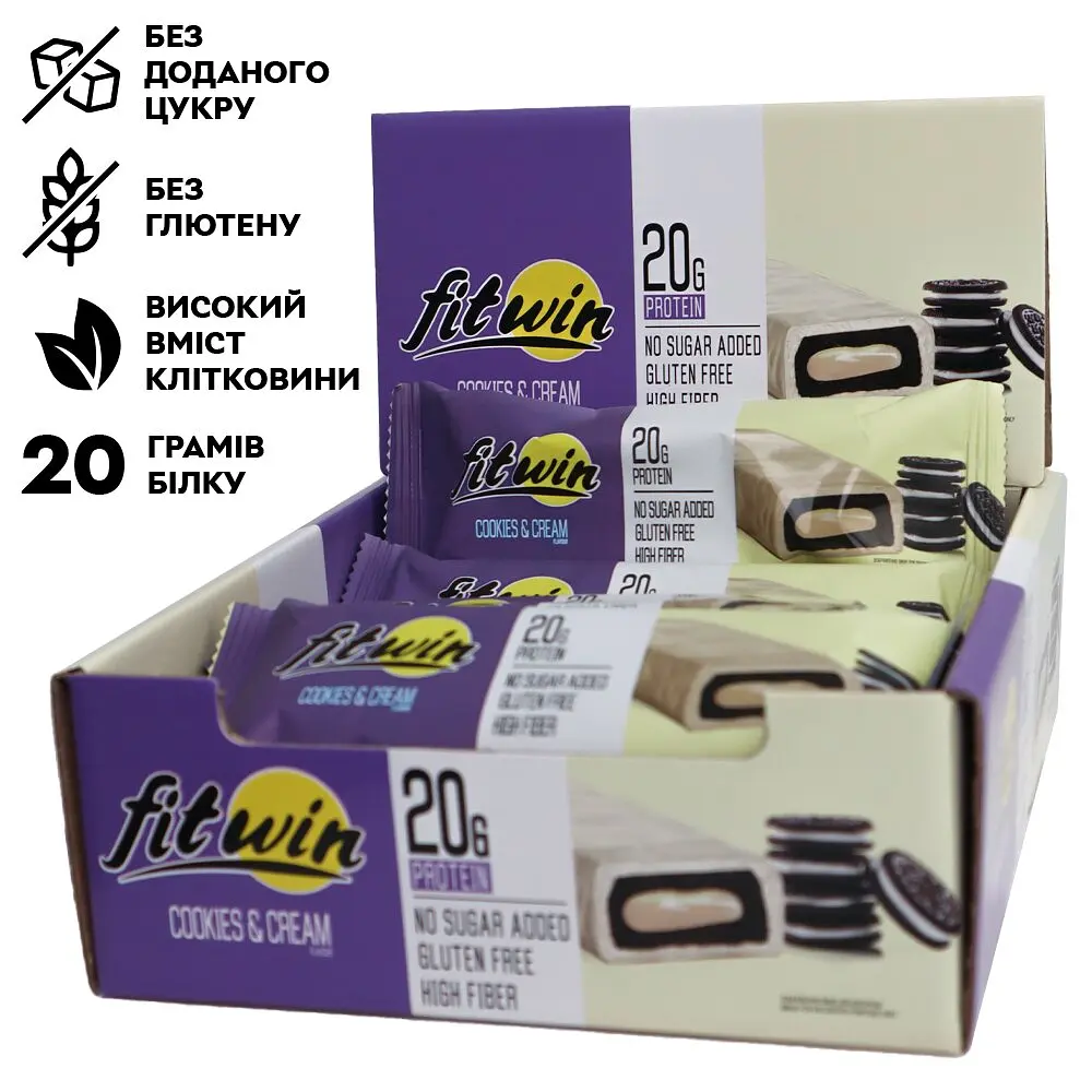 Блок протеїнових батончиків FitWin Protein Bar 33%, 12x60 грам з начинкою - Печиво-крем