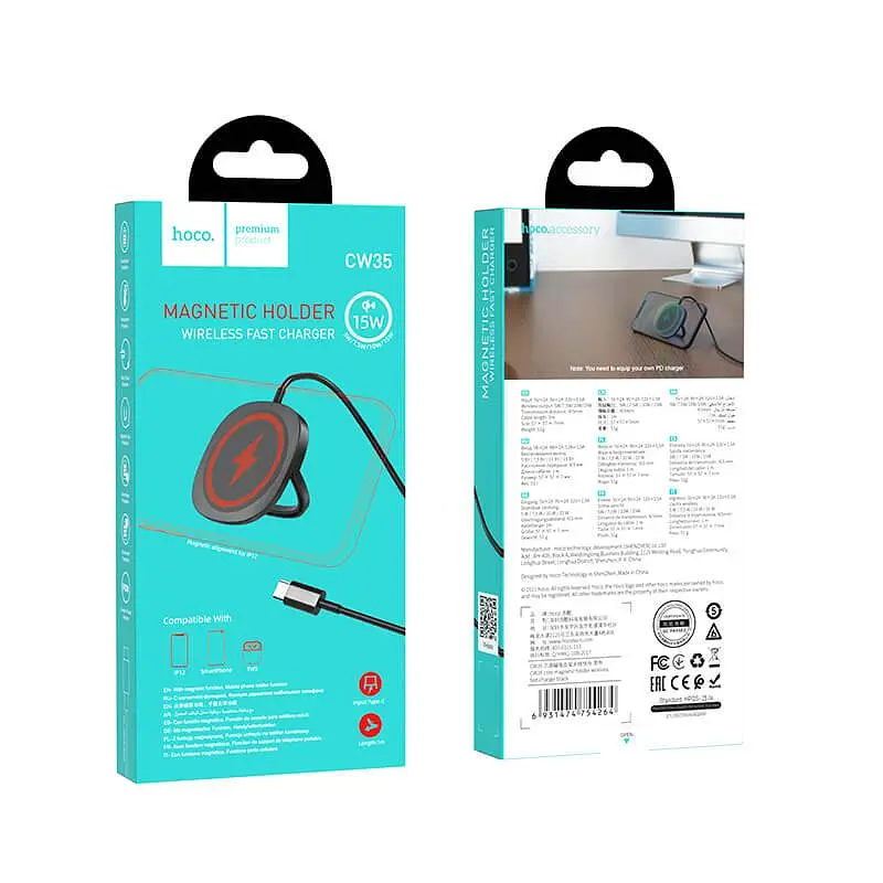 Зарядка Qi с магнитным держателем HOCO core magnetic holder CW35 15W черная - фото 4