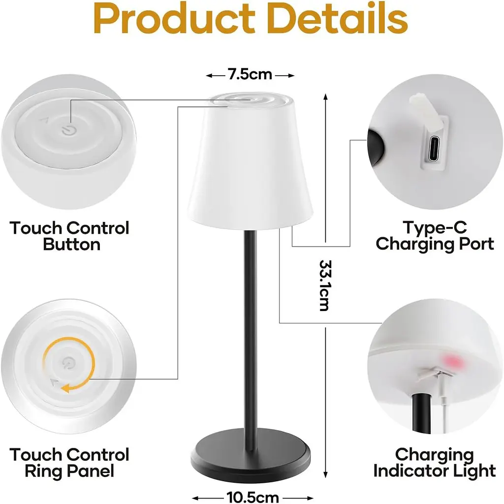 Бездротова настільна лампа, що перезаряджається, регульована нічник, 3 кольори + RGB, сенсорне управління, настільна лампа на бата - фото 4