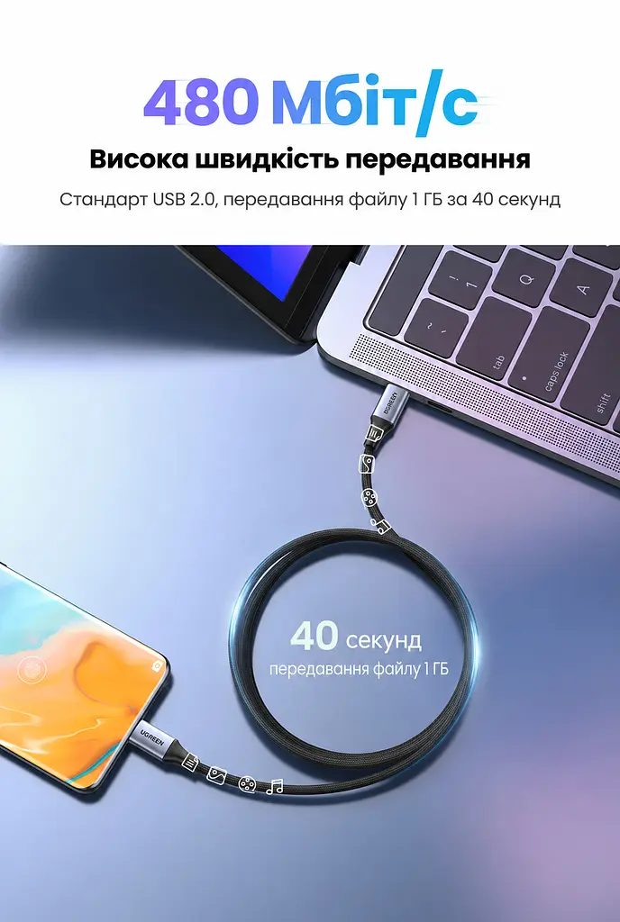 Кабель UGREEN US535 USB-C - USB-C PD 240 Вт 1 м темно-сірий (15311) - фото 3