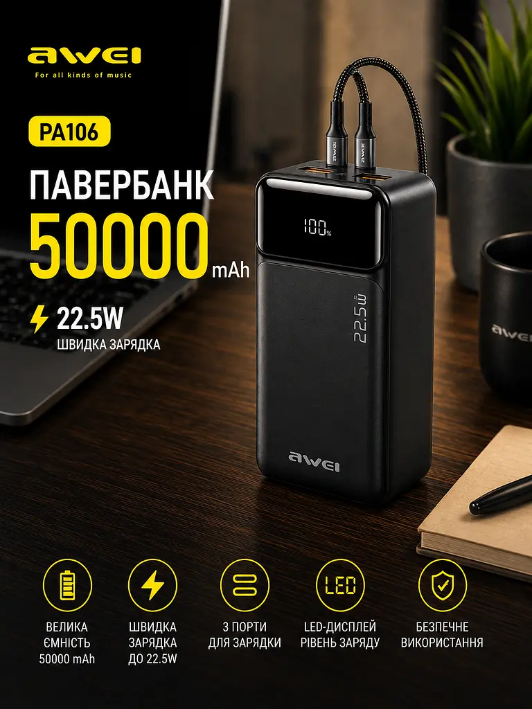 Повербанк універсальний з швидкою зарядкою 22.5 W та цифровим дисплеєм AWEI PA106 50000 мАг для телефона та інших гаджетів Зовнішній акумулятор Power bank 22.5 Вт 2xUSB-A/2xUSB-C Чорний - фото 2