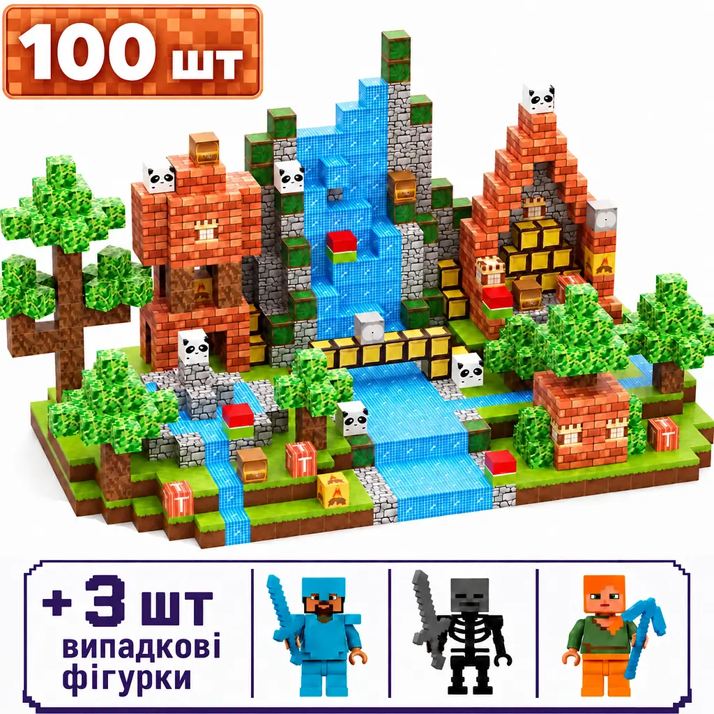 Магнітний конструктор Minecraft 100 шт + 3 фігурки по грі Майнкрафт ліс та водоспад Mk001006 - фото 2