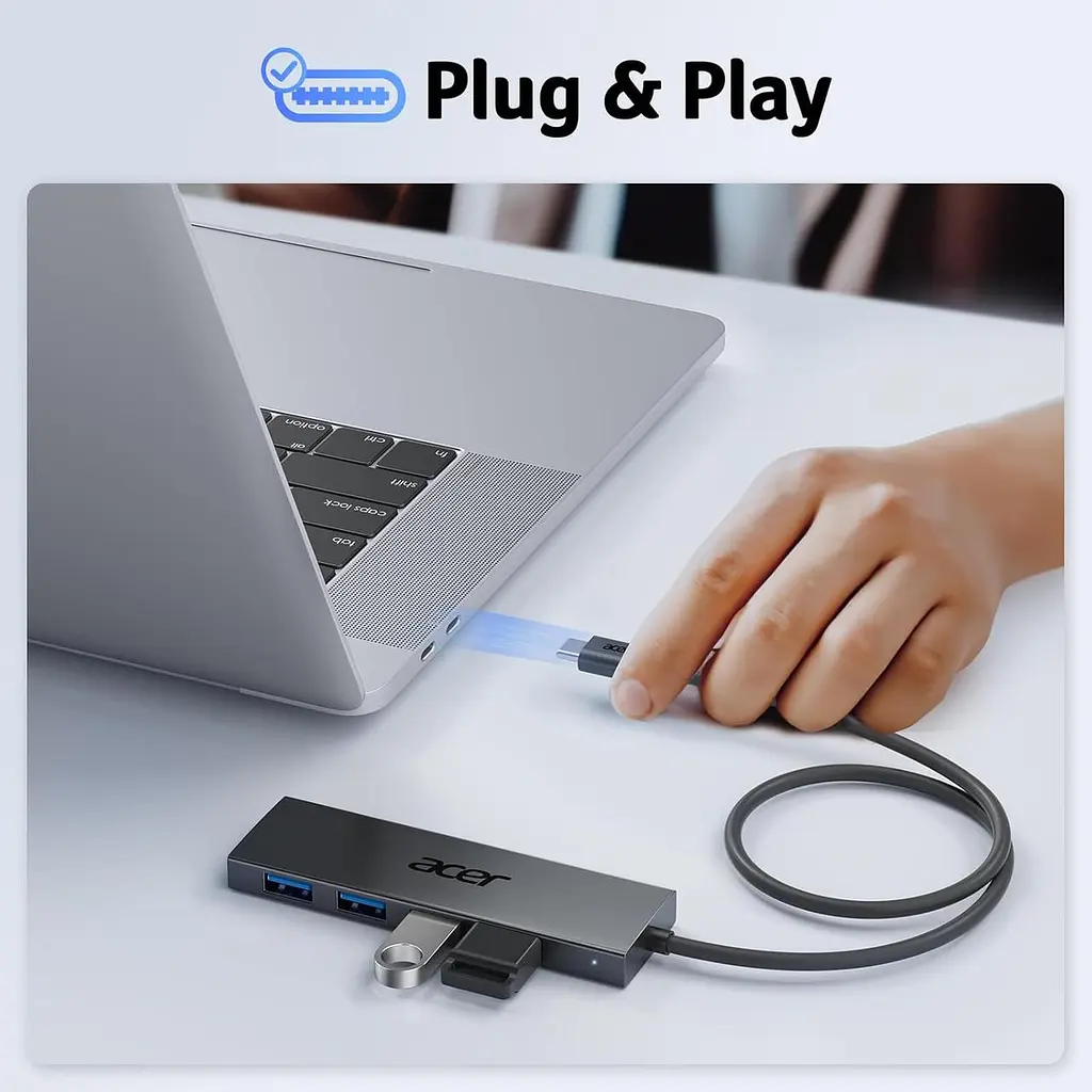 Acer USB C Hub 4 порти, кілька USB 3.0 Hub, USBC Splitter для ноутбука з портом живлення TypeC, подовжувач для ноутбука, ПК - фото 2