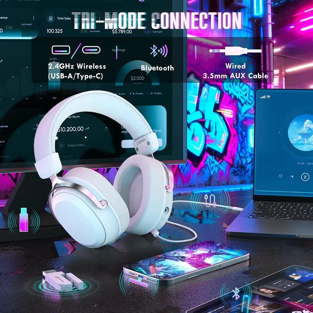 Ігрова гарнітура Attack Shark L30PRO Wireless, 2.4GHz/Bluetooth/3.5mm AUX/AUX-to-Type-C, White (L30PROW_AS) - фото 4