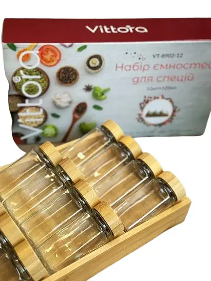 Набір скляних баночок для спецій Vittora VT-8902-12 органайзер 12 баночок 120 мл з дерев'яною поличкою - фото 3
