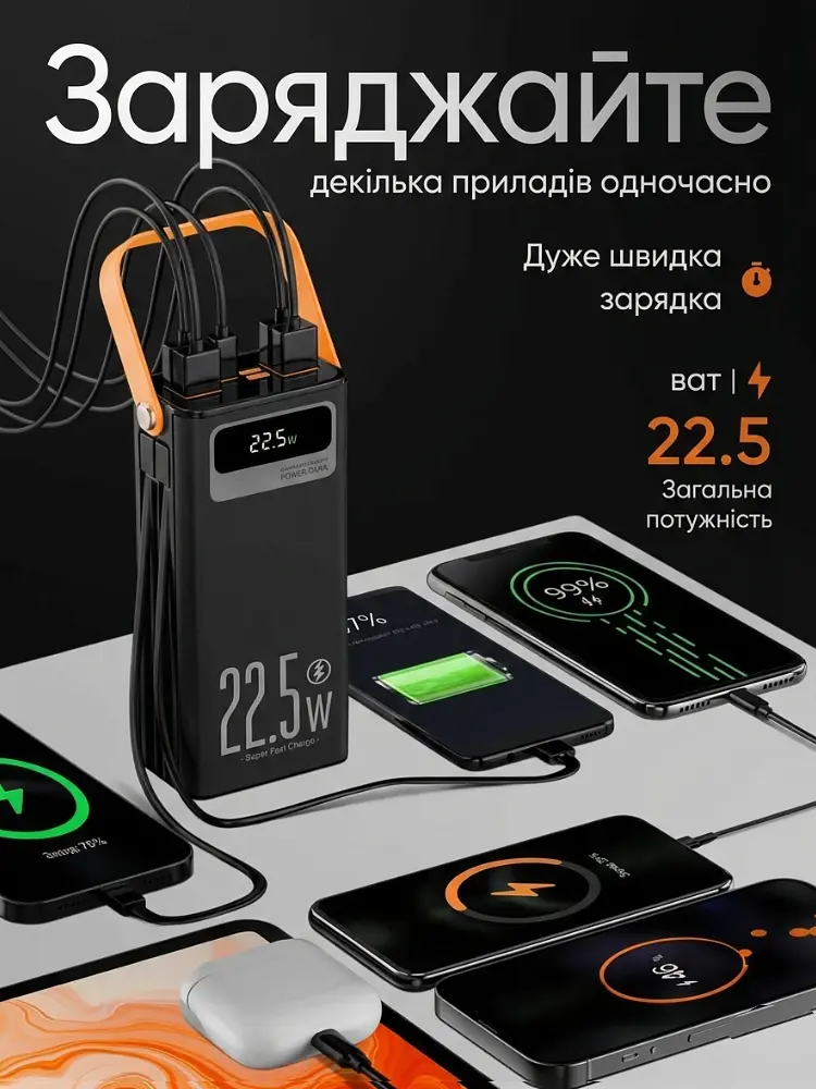 Павербанк з швидкою зарядкою 30000mAh KPG POWER BANK Soonest Fast Charging пауербанк, павер банк, умб Fast Type-C In /Out: 4 USB 5V/2A Повербанк,Чорний  - фото 7