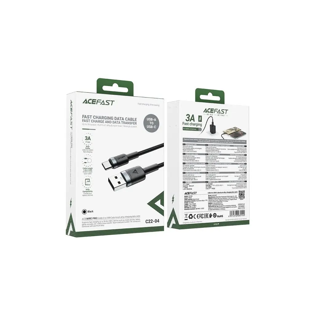 Дата кабель USB 2.0 AM to USB-C 1.2m 60W black Acefast (6974316285144) - фото 4