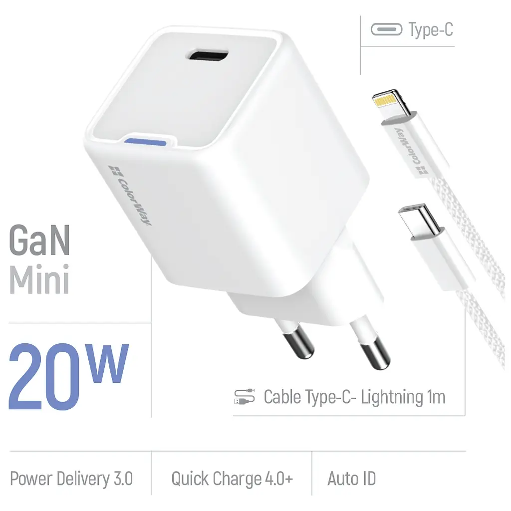 Зарядний пристрій ColorWay C101D GaN Mini 20 Вт PD PPS USB-C + кабель USB-C — Lightning білий (CW-CHS059PDL-WT) - фото 8