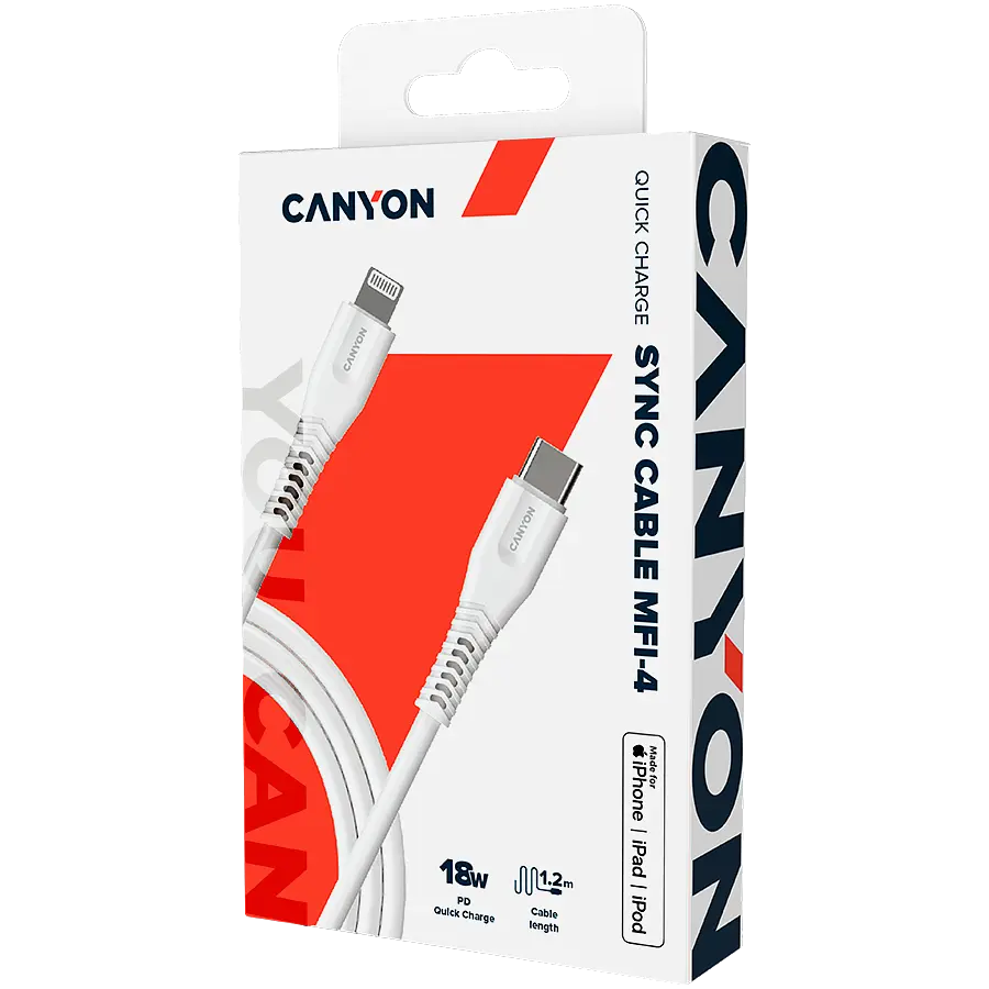 Кабель Lightning Canyon USB Type-C/Apple Lightning 1.2m (CNS-MFIC4W) - фото 4