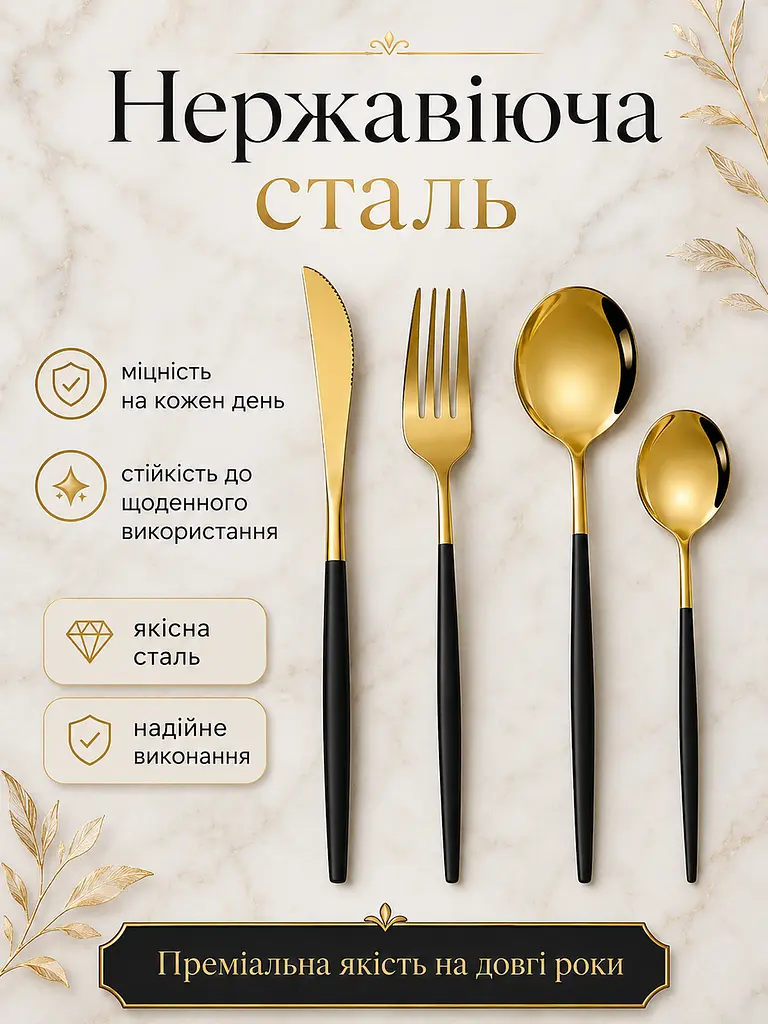 Набір столових приборів 24 предмети - з нержавіючої сталі, чорний / золотий (49675895) - фото 4