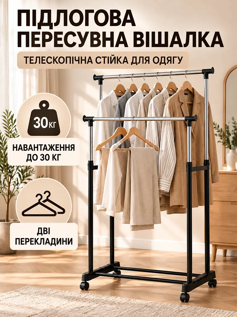 Посилена телескопічна підлогова пересувна вішалка стійка для одягу на коліщатках Чорна (7020128093) - фото 2