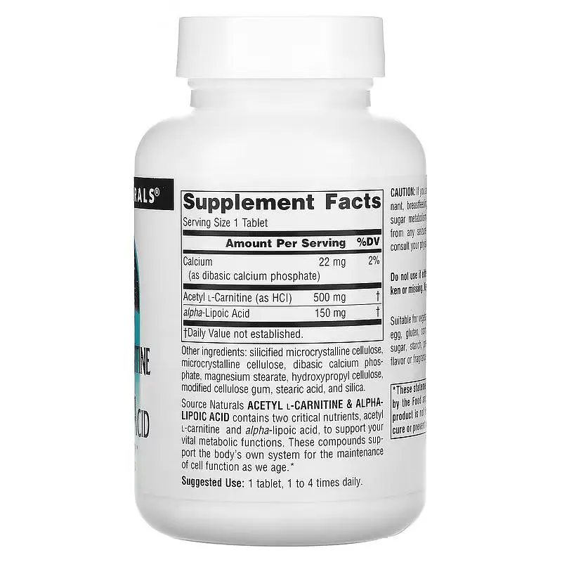 Жироспалювач Acetyl L-Carnitine & Alpha Lipoic Acid 650 mg, 60 таблеток Source Naturals fit0016614 - фото 2