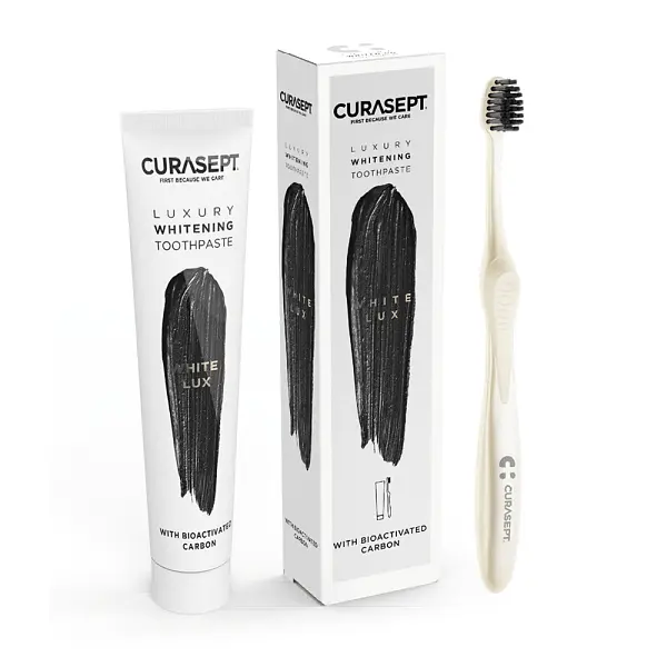 Зубна паста CURASEPT LUXURY WHITENING WHITE, відбілююча, ремінералізуюча з перекисом карбаміду, 75 мл+зубна щітка - фото 3