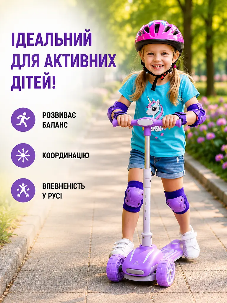 Дитячий самокат триколісний фіолетовий з підсвічуванням коліс музикою та регульованим кермом (49675949) - фото 4