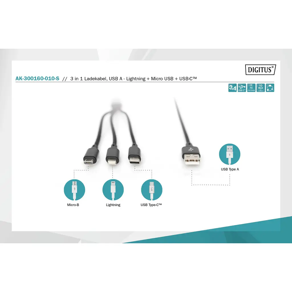 Дата кабель USB 2.0 AM to Lightning + Micro 5P + Type-C 1.0m charge only Digitus (AK-300160-010-S) - фото 8