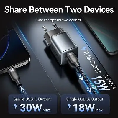 Зарядний пристрій Vention 1xUSB-C PD30W + 1xUSB QC3.0 18W GaN gray (FEWH0-EU) - фото 7